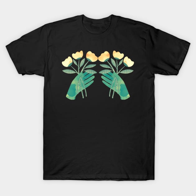 Green hands with yellow flowers for you on black background T-Shirt by iulistration